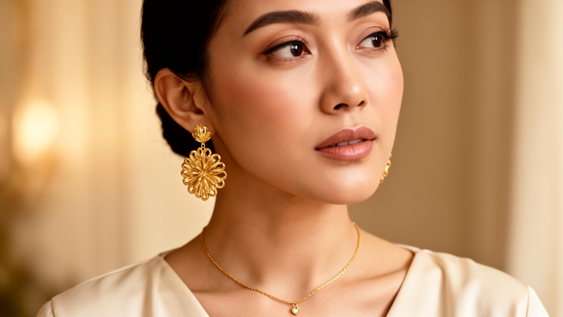 Woman wearing TC Designs artisanal gold earrings and necklace